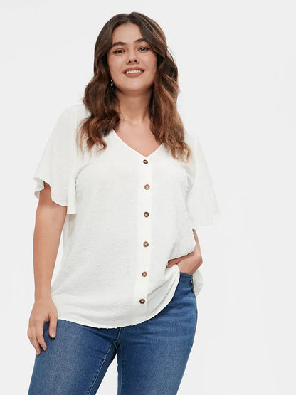 Solid Button V Neck Ruffles Blouse