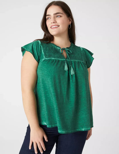 Swing Ruffle-Neck Smocked-Yoke Tee