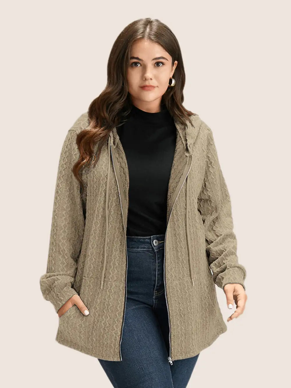Plain Textured Zipper Hooded Sweatshirt