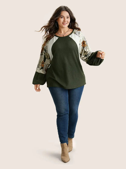 Waffle Knit Patchwork Floral Print T-Shirt