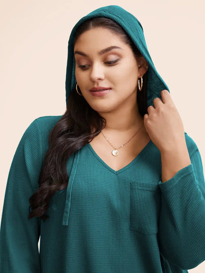 Waffle Knit Pocket Hooded Drawstring Arc Hem T-Shirt