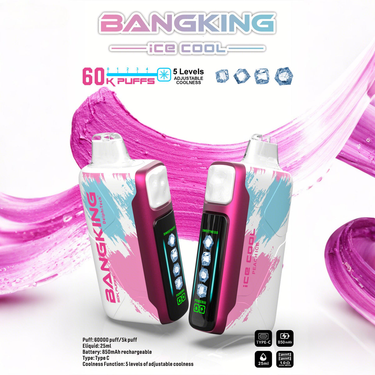 Bang King Ice Cool 60000 60K Puffs Original Adjustable Ice level LED Display Disposable Vape