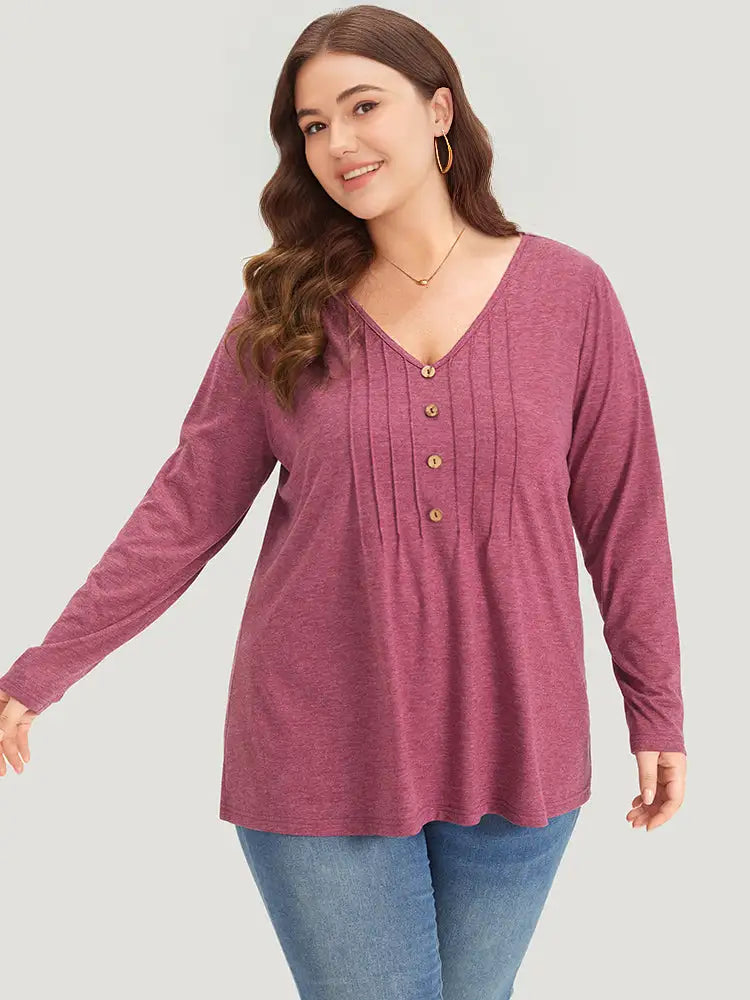 Plain V Neck Line Button Detail T-Shirt