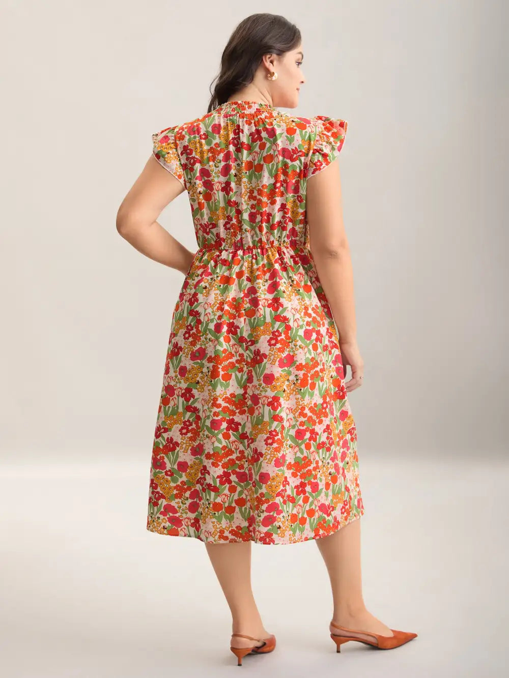 Floral Print Shirred Pockets Midi Dress