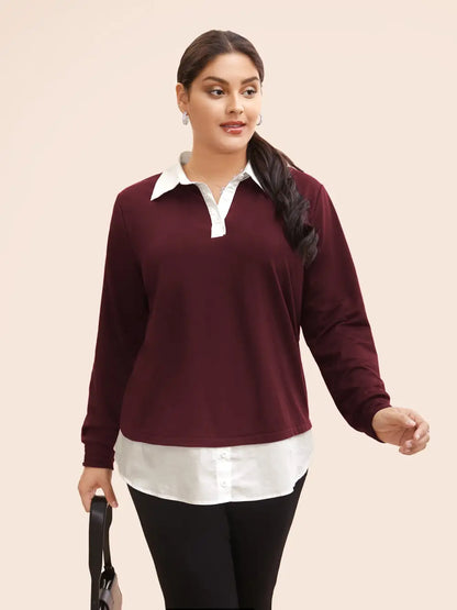 2-In-1 Shirt Collar Contrast Patchwork Sweatshirt