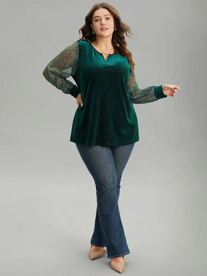 Velvet Patchwork Mesh Sequin Notched T-Shirt