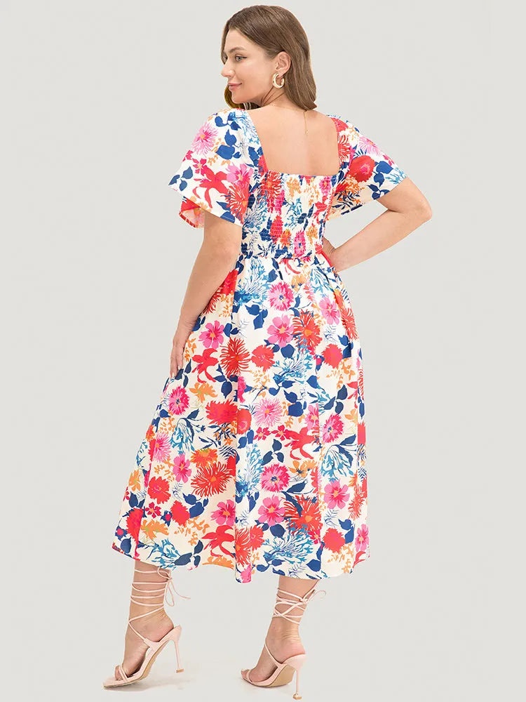 Floral Backless Shirred Square Neck Pocket Ruffle Hem Dress