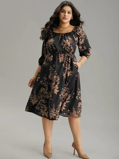 Silhouette Floral Print Elastic Cuffs Dress
