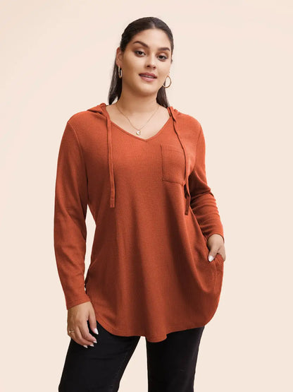 Waffle Knit Pocket Hooded Drawstring Arc Hem T-Shirt