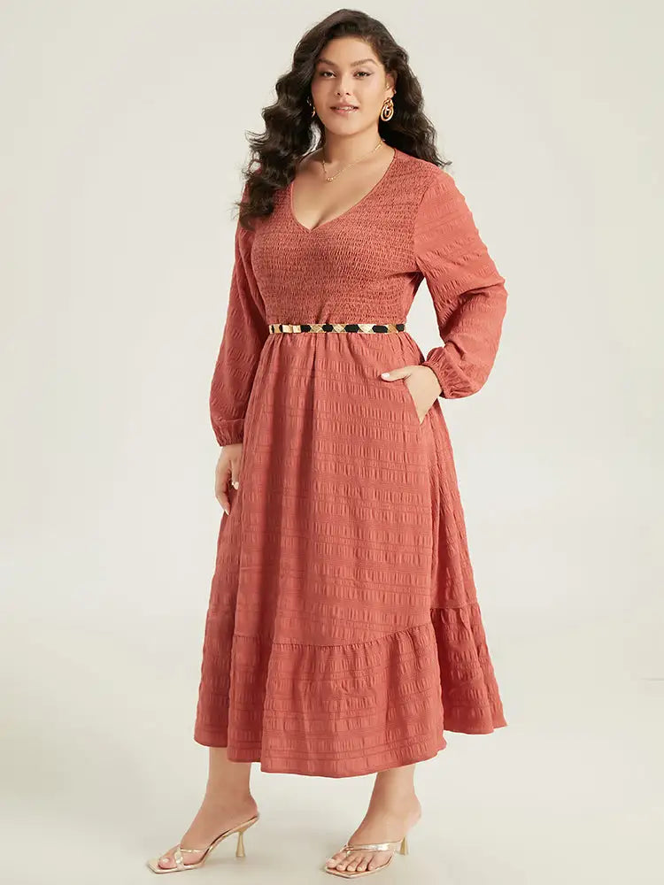 Solid Shirred Plisse Flutter Hem Dress