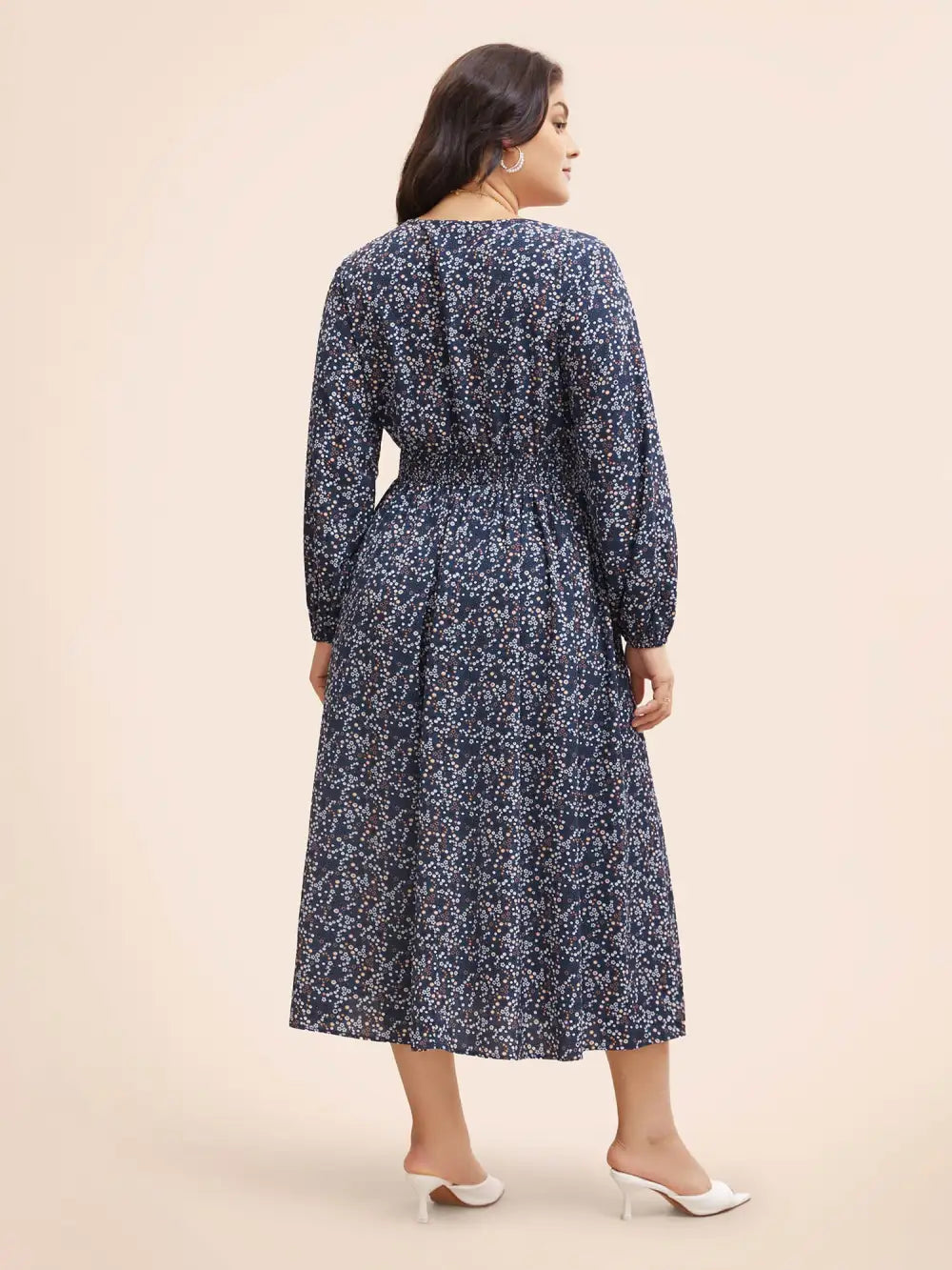 Ditsy Floral V Neck Shirred Dress