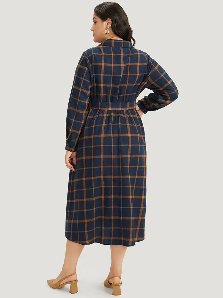 Plaid Shirt Collar Button Fly Belted Dress
