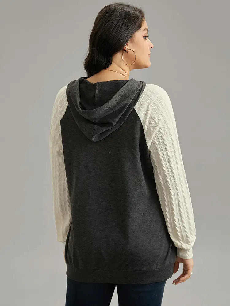 Contrast Cable Knit Pocket Hooded Drawstring Sweatshirt