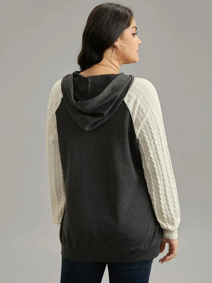 Contrast Cable Knit Pocket Hooded Drawstring Sweatshirt