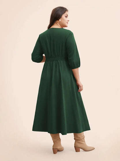 V Neck Shirred Ruched Midi Dress