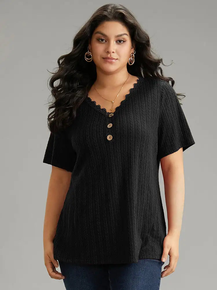 Lace Trim Plisse Button Detail T-Shirt