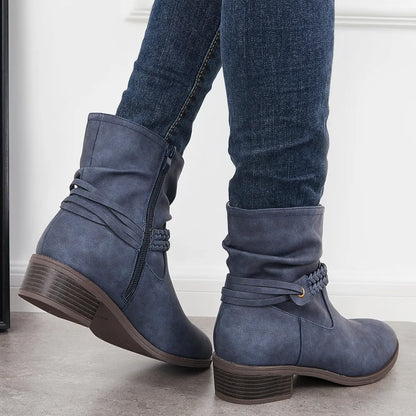 Slouchy Ankle Boots Braided Strap Chunky Block Heel Booties