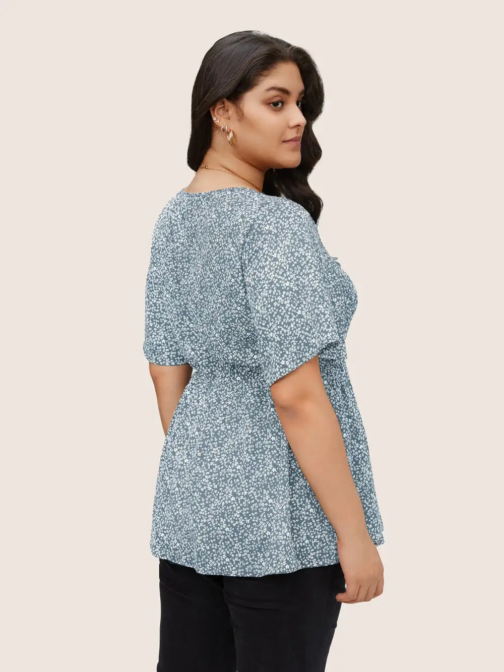 Ditsy Floral Shirred Ruffle Sleeve Elastic Waist Blouse