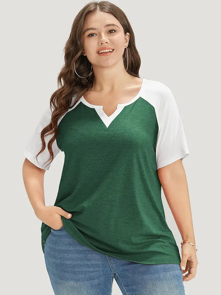 Colorblock Contrast Notched Raglan Sleeve T-shirt