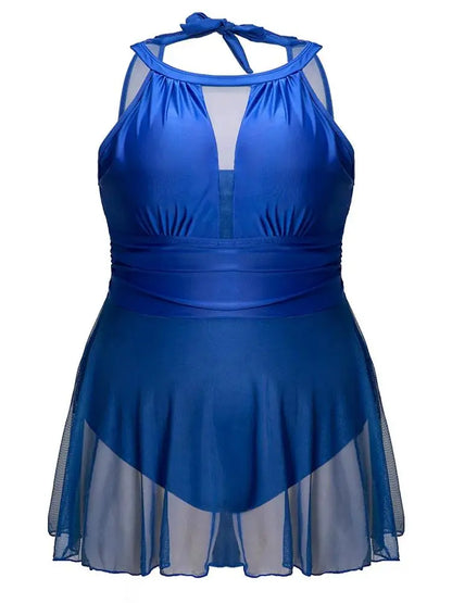 Knotted Back Mesh Insert Halter Swim Dress