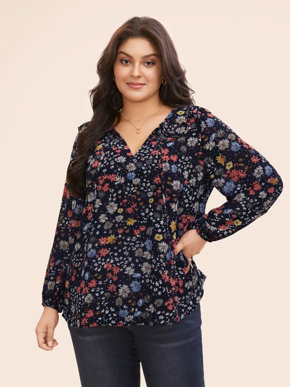 Chiffon Floral Tie Knot Ruffle Trim Blouse