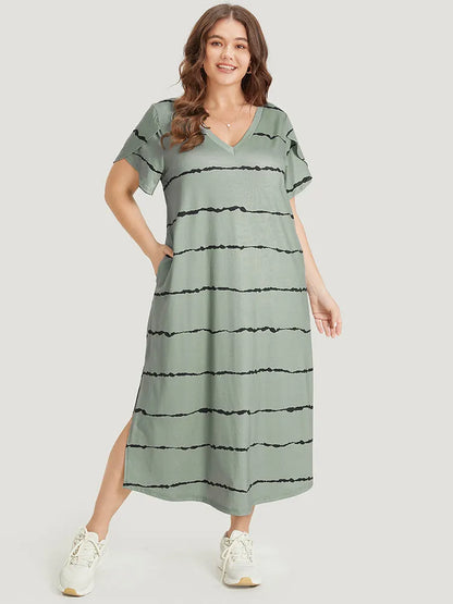Striped Print Petal Sleeve Pocket Split Hem Dress