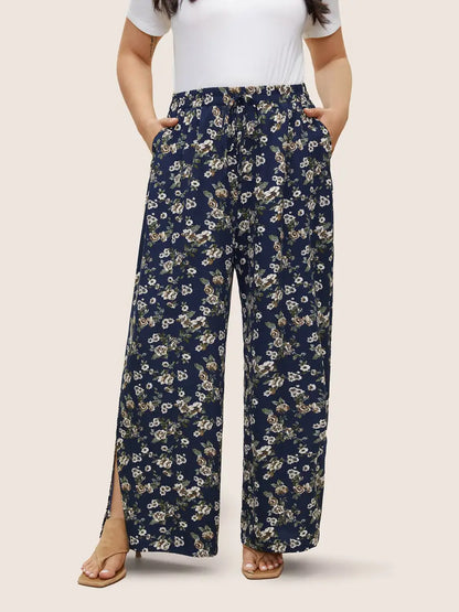 Ditsy Floral Ties Split Hem Wide Leg Pants