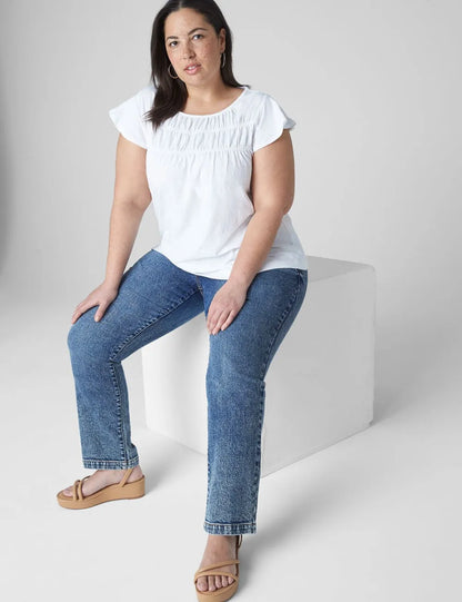 Flutter-Sleeve Boatneck Ruched Tee