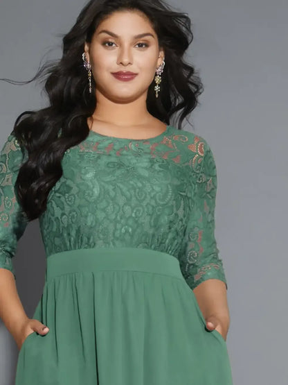 Lace Patchwork Shirred Midi Pocket Dress