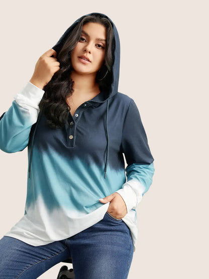 Tie Dye Button Up Hooded Drawstring Sweatshirt