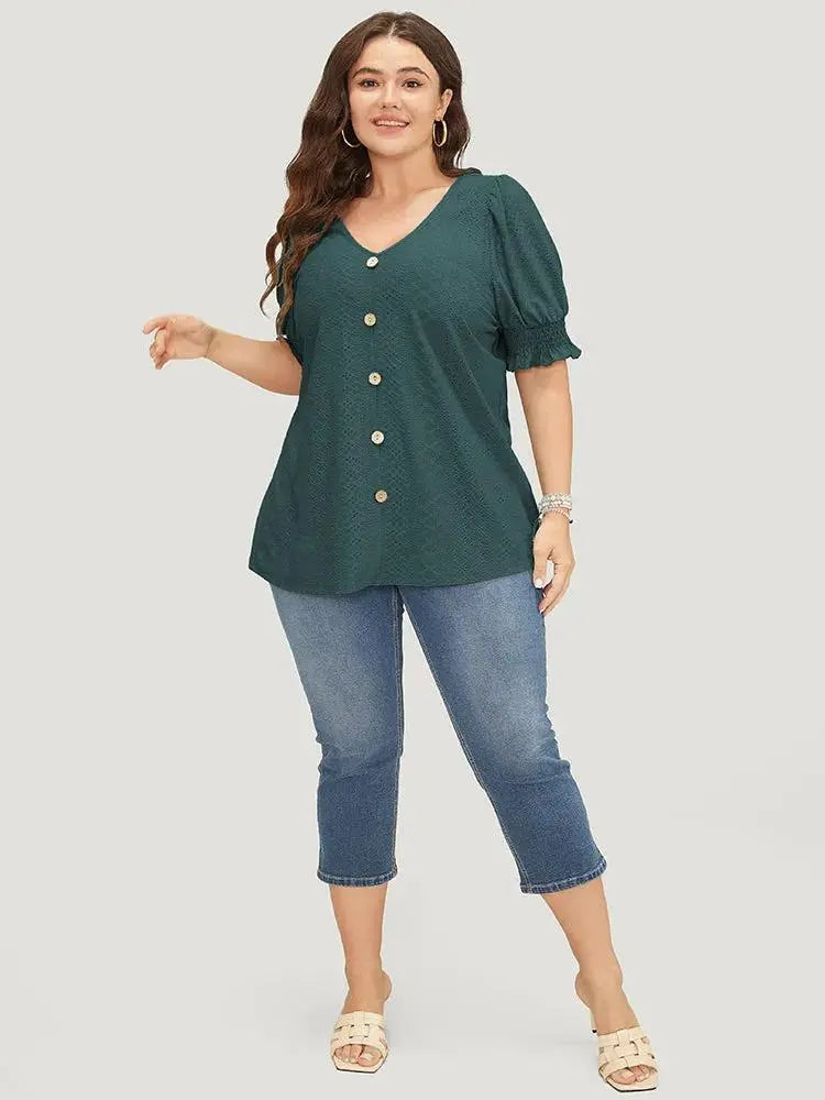 Plain Broderie Anglaise Shirred Puff Sleeve Button Detail T-shirt