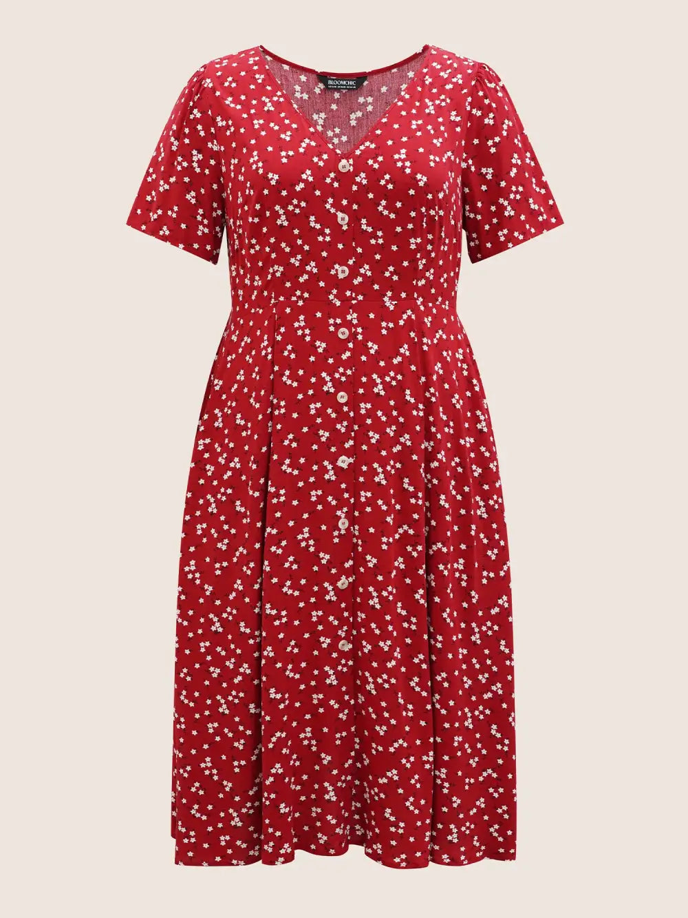 Ditsy Floral Button Detail Elastic Waist Midi Dress