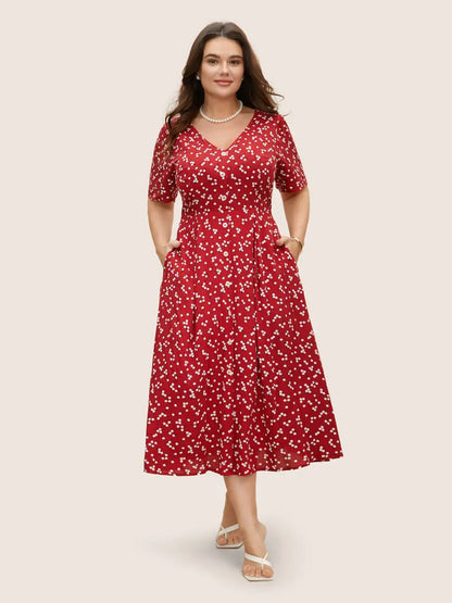 Ditsy Floral Button Detail Elastic Waist Midi Dress