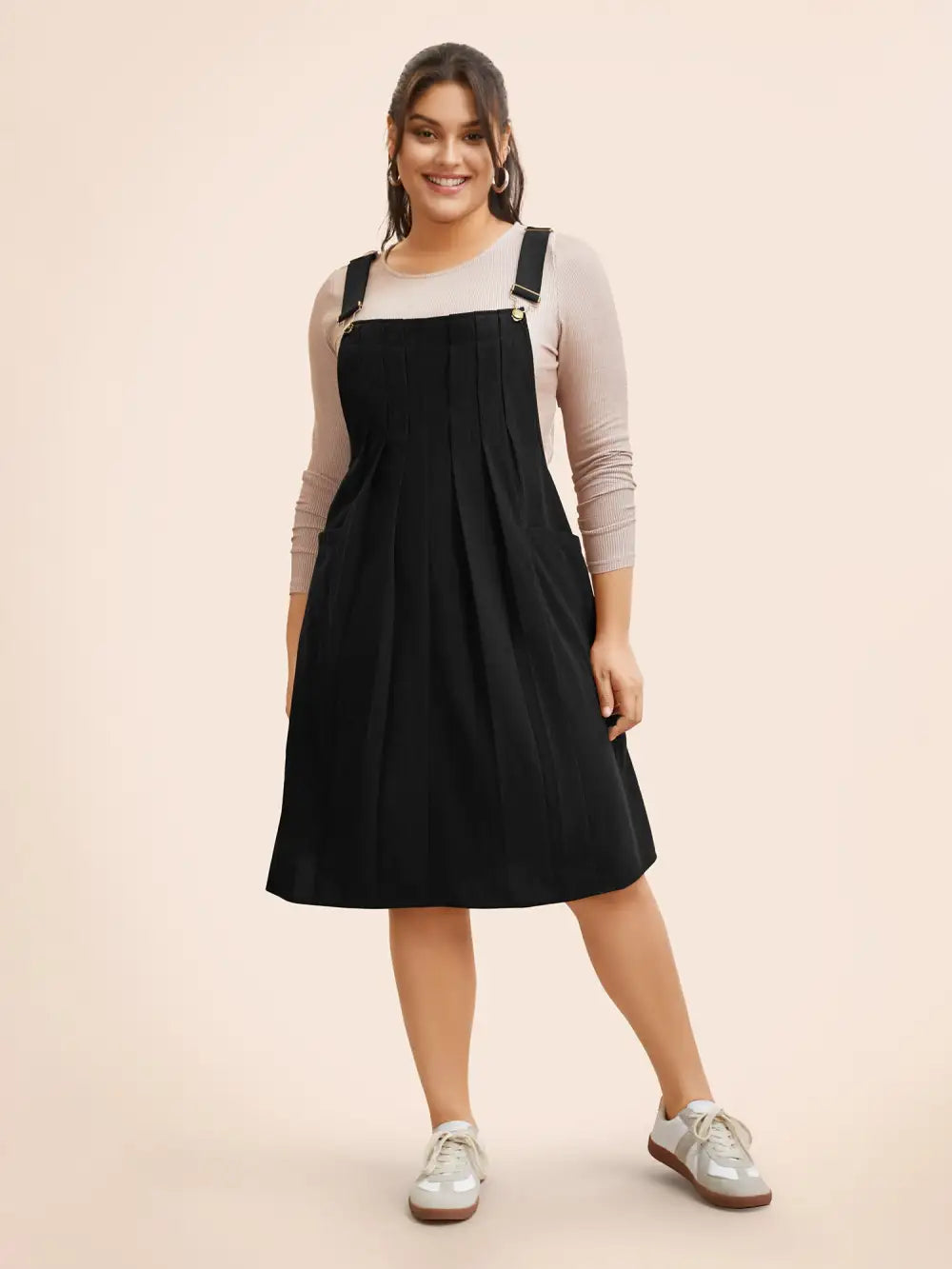 Solid Corduroy Pleated Overall Dress