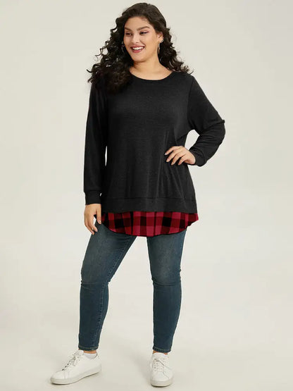 Heather Plaid Patchwork Crew Neck T-Shirt