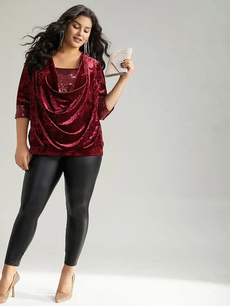 Cowl Neck 2-In-1 Sequin Patchwork Blouse