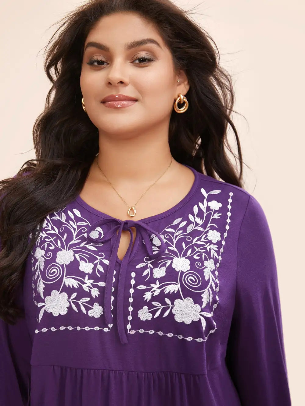 Floral Embroidered Knot Neck Lantern Sleeve T-Shirt