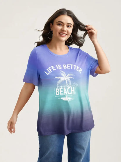 Gradient Beach Print Fitted T-Shirt