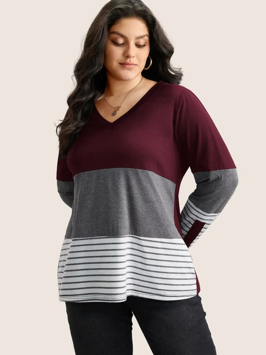 Colorblock Contrast Striped V Neck T-Shirt