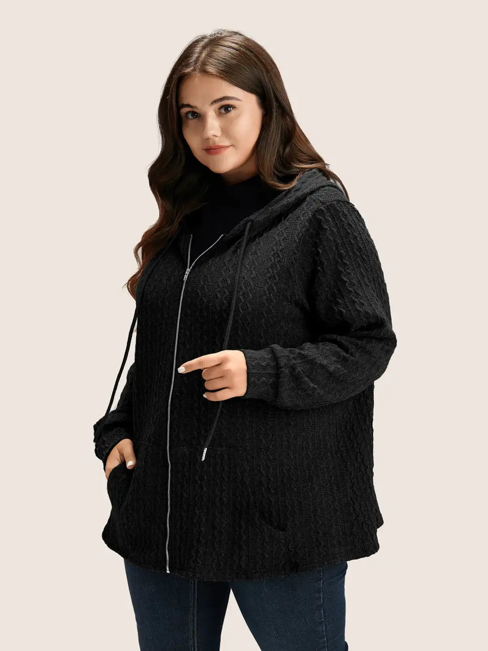 Plain Textured Zipper Hooded Sweatshirt