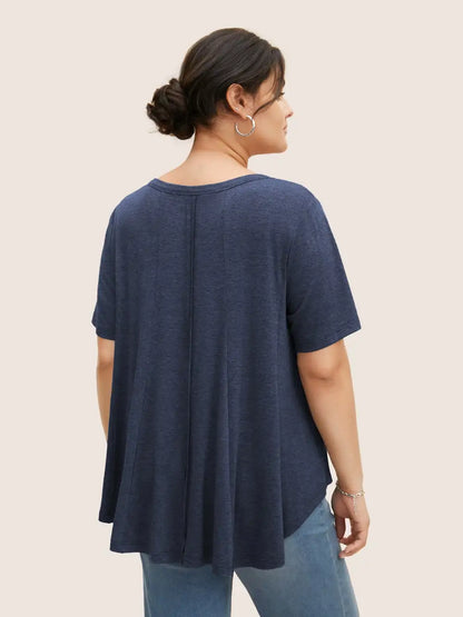 Solid Heather V Neck Curved Hem T-Shirt
