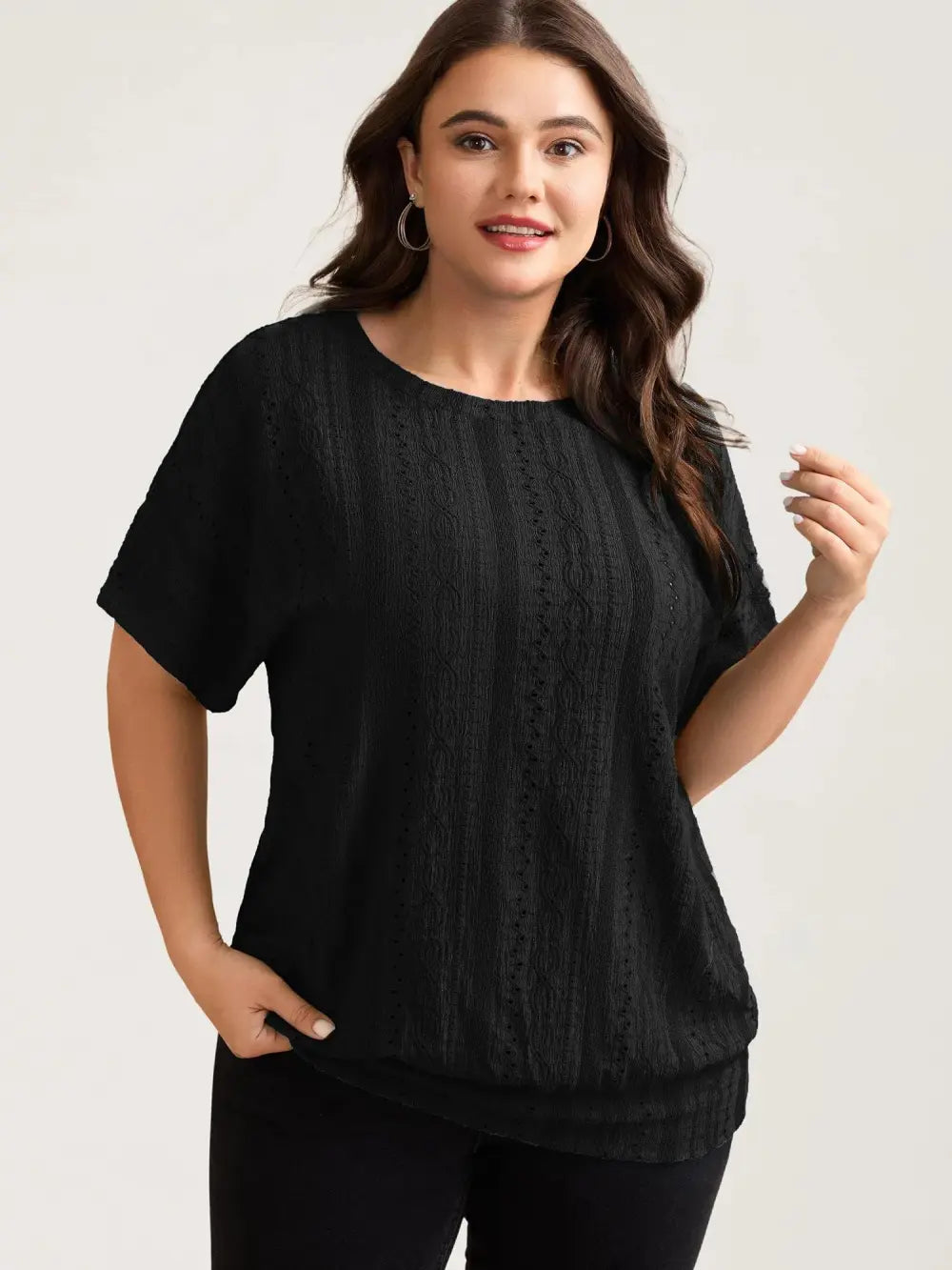 Eyelet Trim Stretchy Textured Plain Top