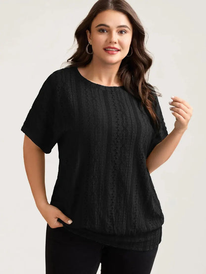 Eyelet Trim Stretchy Textured Plain Top