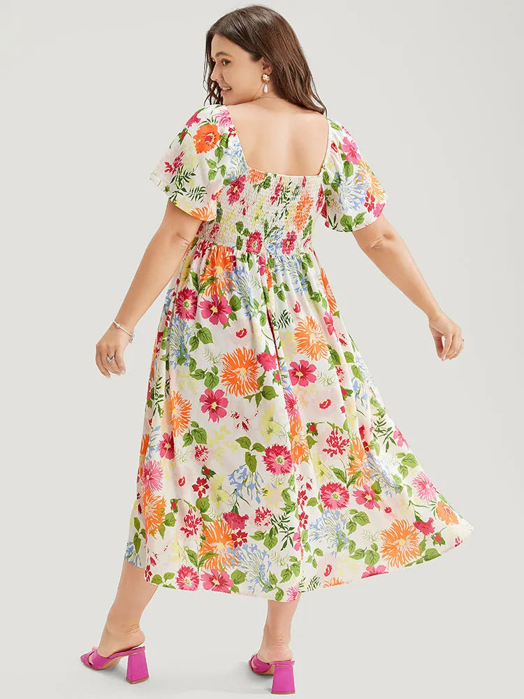 Floral Backless Shirred Square Neck Pocket Ruffle Hem Dress