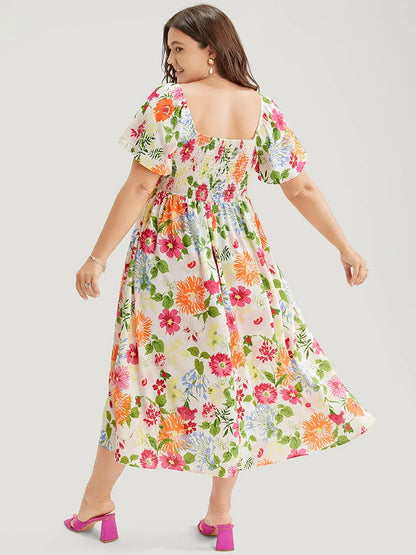 Floral Backless Shirred Square Neck Pocket Ruffle Hem Dress