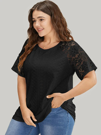 Solid Broderie Anglaise Lace Raglan Sleeve T-shirt