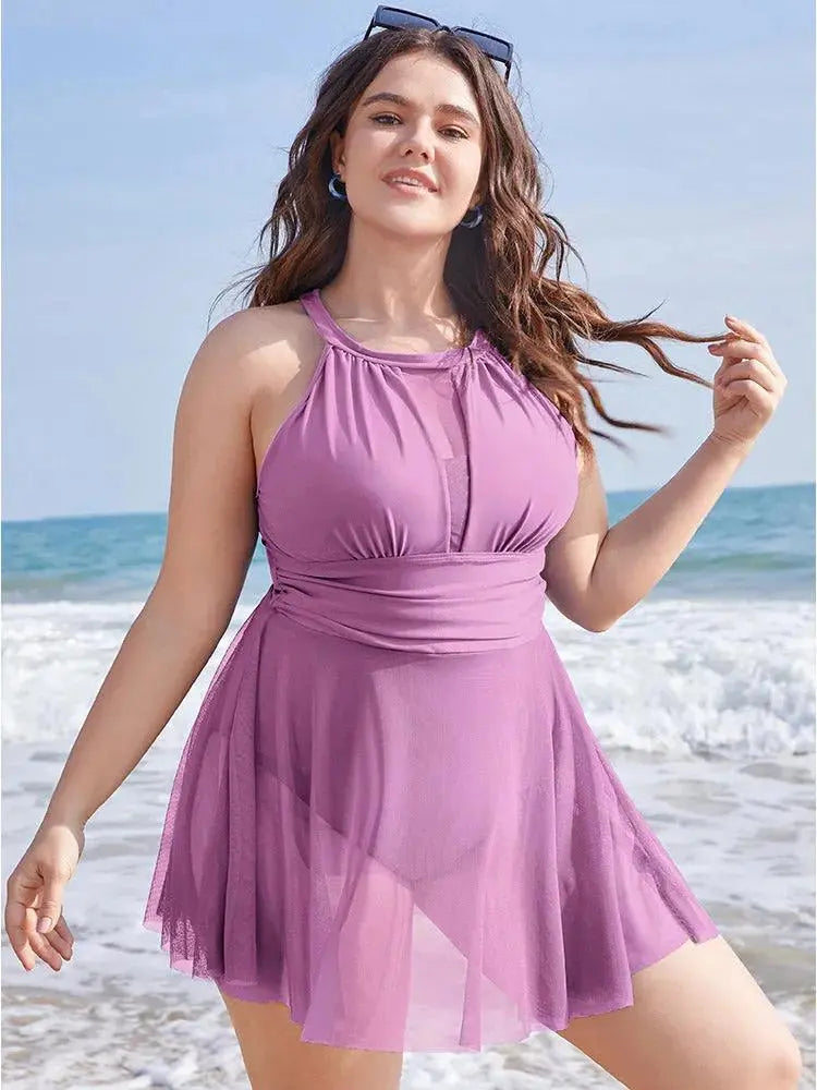 Knotted Back Mesh Insert Halter Swim Dress