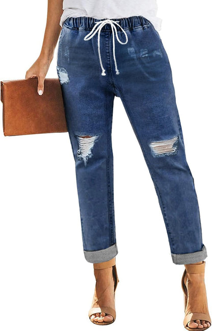Womens Casual Denim Jeans Pull-on Stretch Jeans Elastic Waist Jean Denim Drawstring Joggers Pants