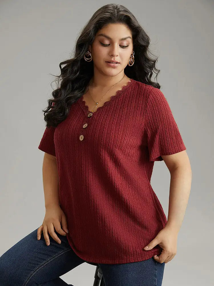 Lace Trim Plisse Button Detail T-Shirt