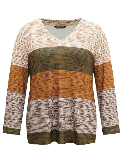 Striped Colorblock Contrast V Neck T-Shirt